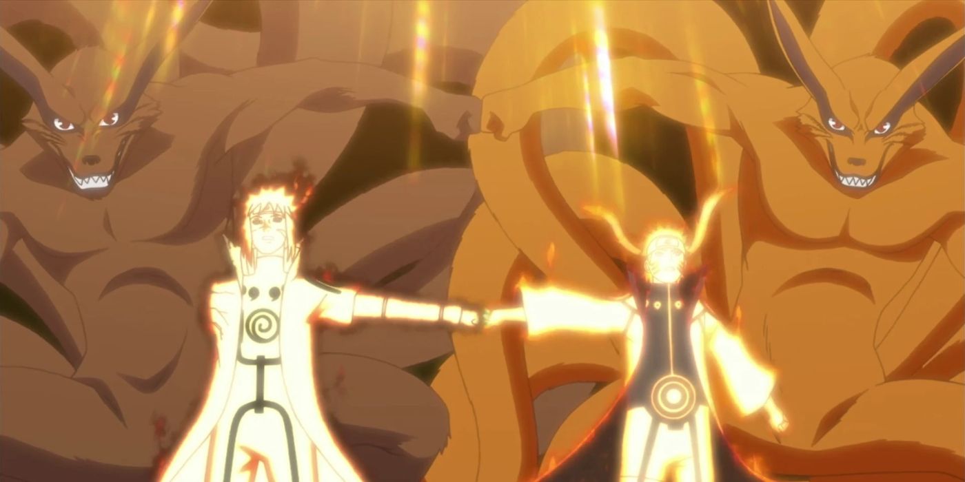 As metades de Naruto, Minato e Kurama batendo os punhos