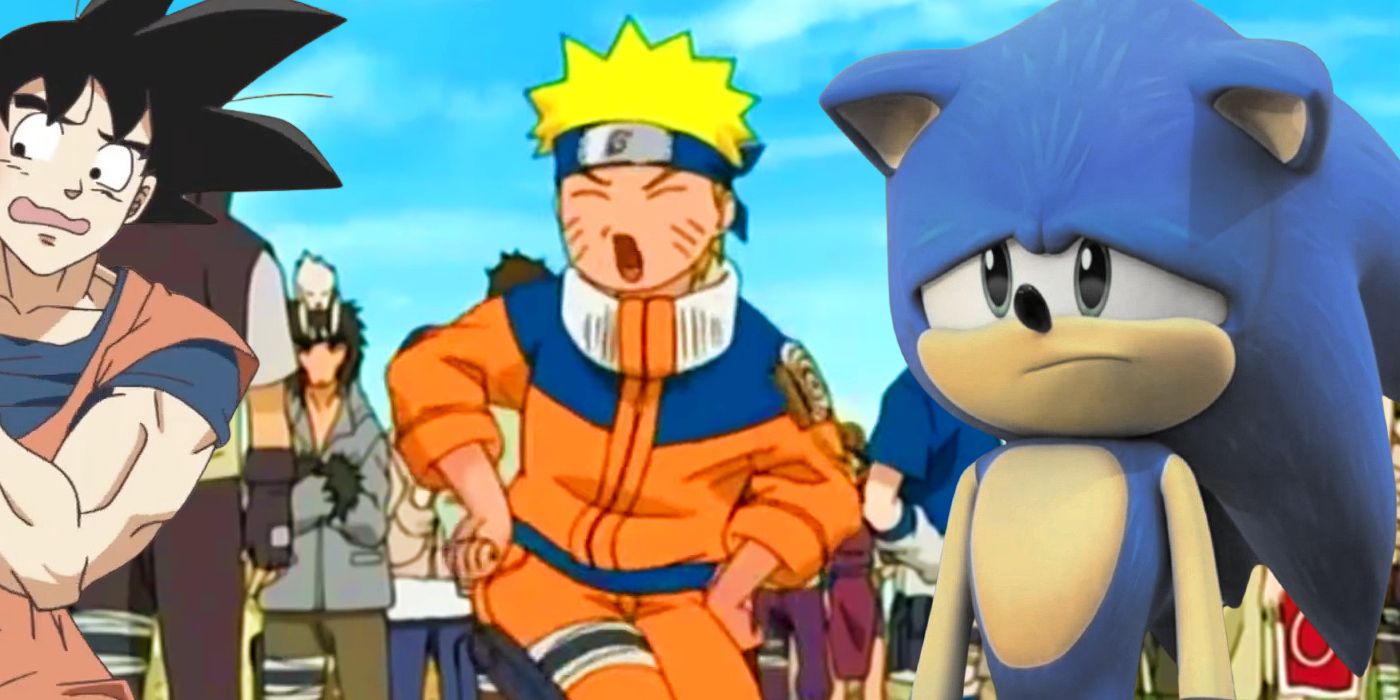 Naruto does a little dance to mock a very sad Sonic and an annoyed Goku.