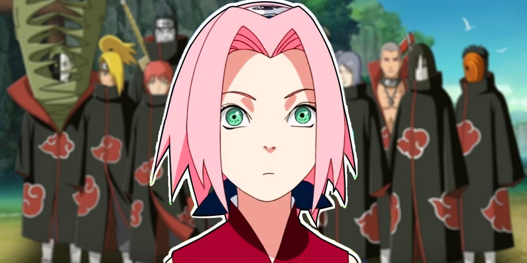 Naruto's Sakura stands in front of the assmbled Akatsuki team