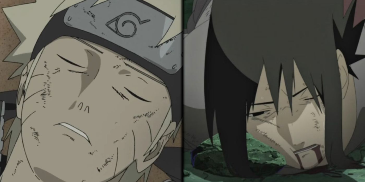 Screenshots cut together of Naruto and Sasuke dying in Shippuden anime episode 393. Naruto lays with his eyes closed while Sasuke is face down on the ground bleeding from his mouth.