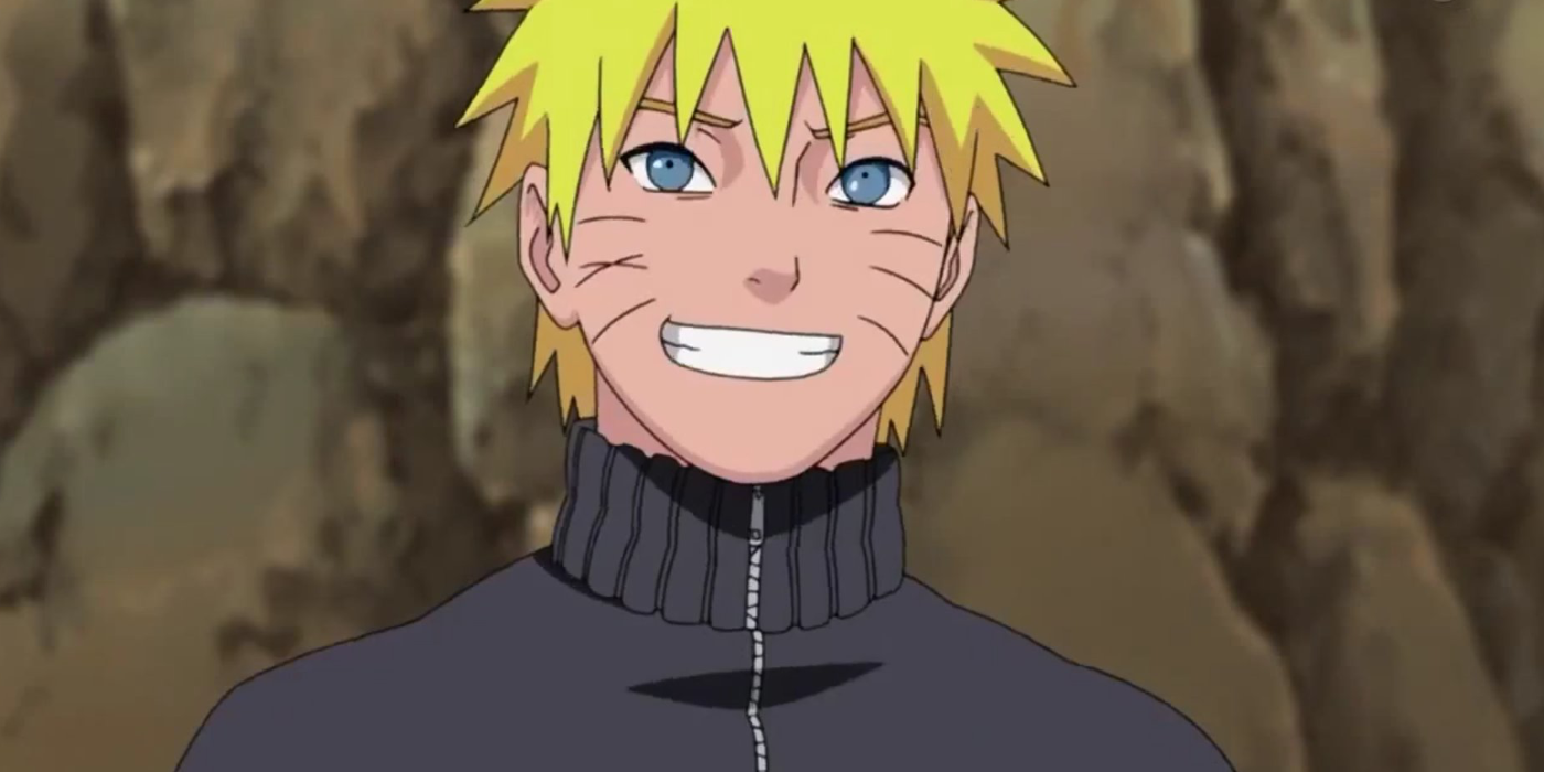 Naruto smiling while not wearing his Konoha headband