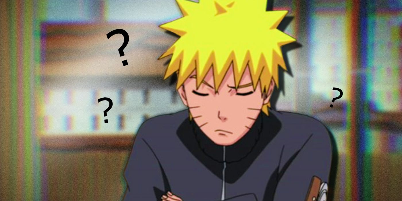 Naruto thinking hard with question marks floating around his head.