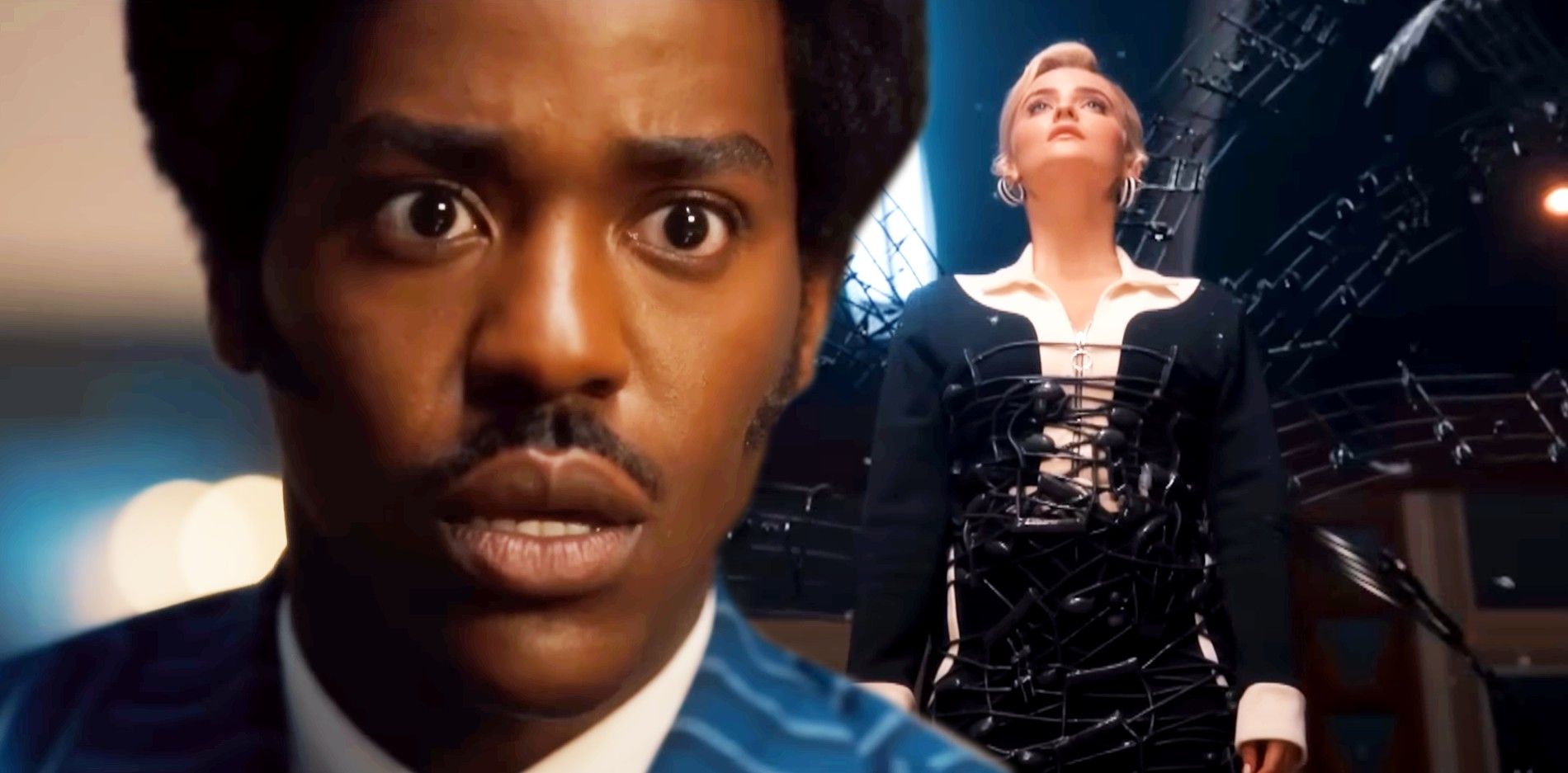 Ncuti Gatwa as the Doctor looking shocked while Ruby is trapped by music signs in Doctor Who