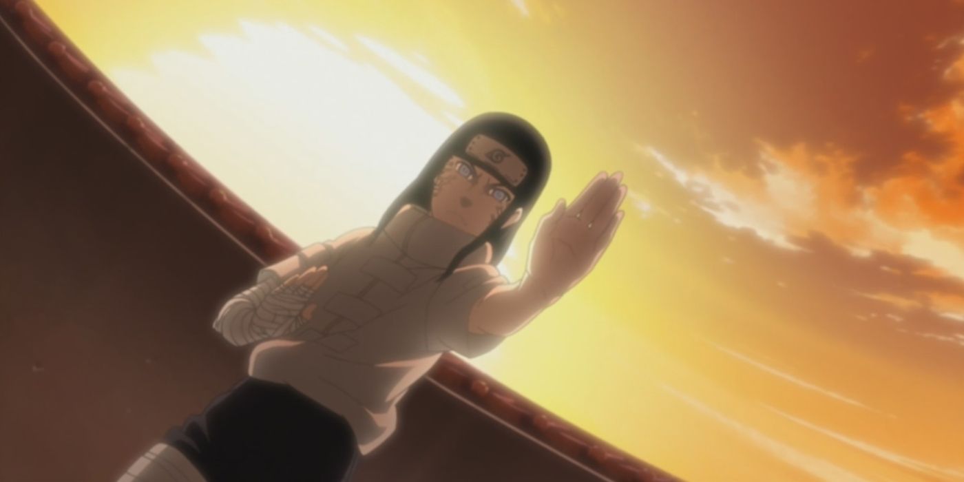 Screenshot from Naruto Shippuden shows flashback of pre time skip Neji in a fighting stance in the Chunnin exam arena with the sun setting behind him.