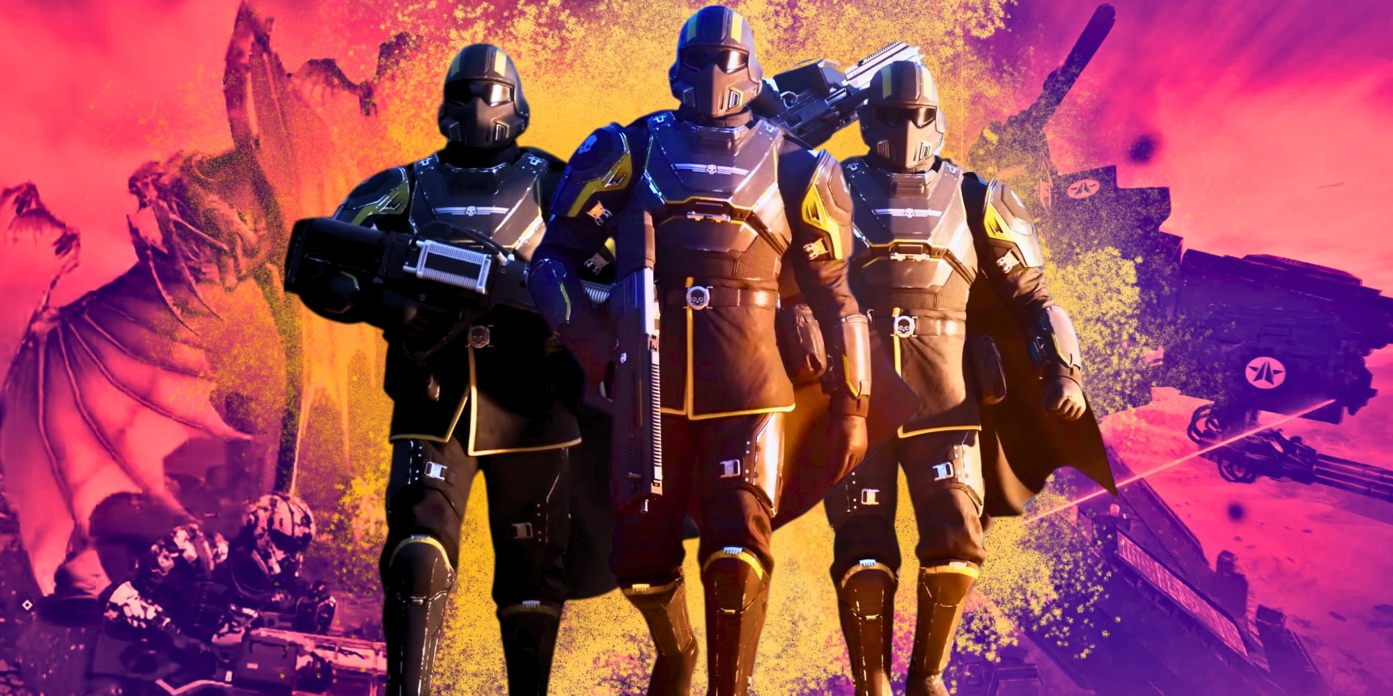 Helldivers walking with a purple and pink background. 