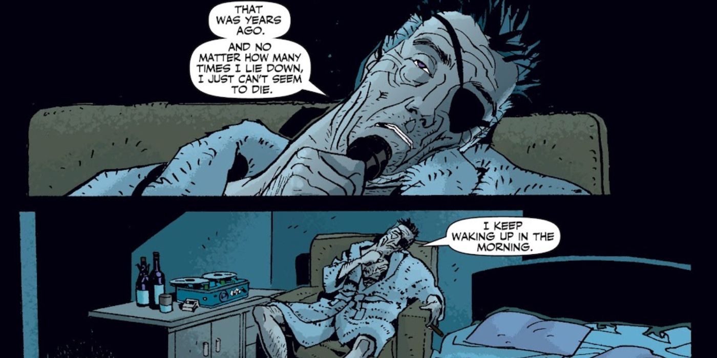 Fury MAX's Nick Fury talking about dying into a recorder while splayed out in a bathrobe on a recliner