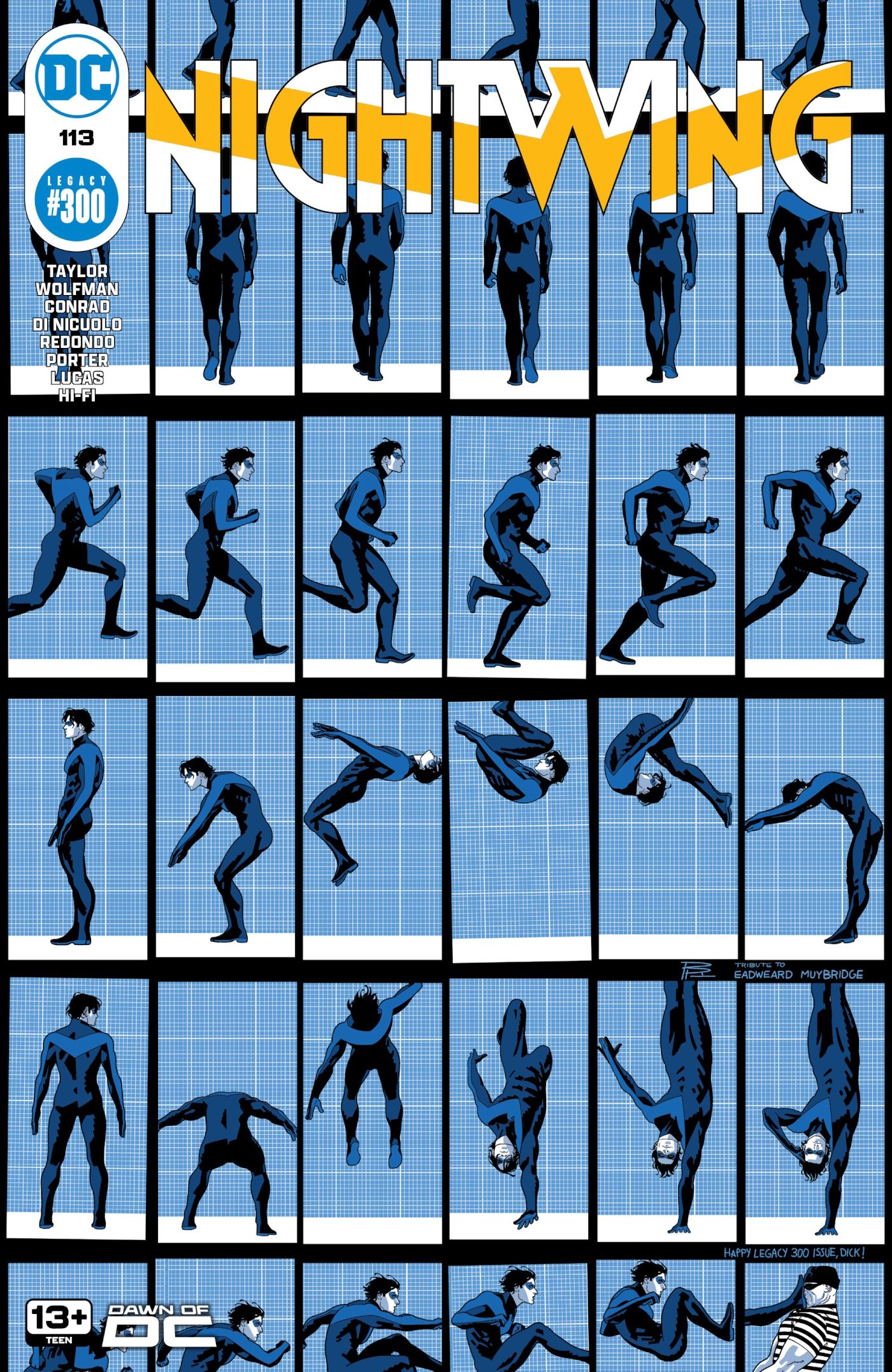 Nightwing 113 Main Cover: Nightwing doing flips in different animation cells.
