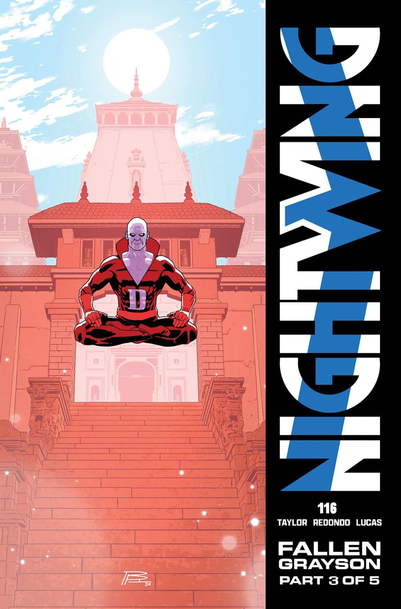 Solicitações da capa principal do Nightwing 116: Deadman flutuando em frente a um edifício semelhante a um templo.
