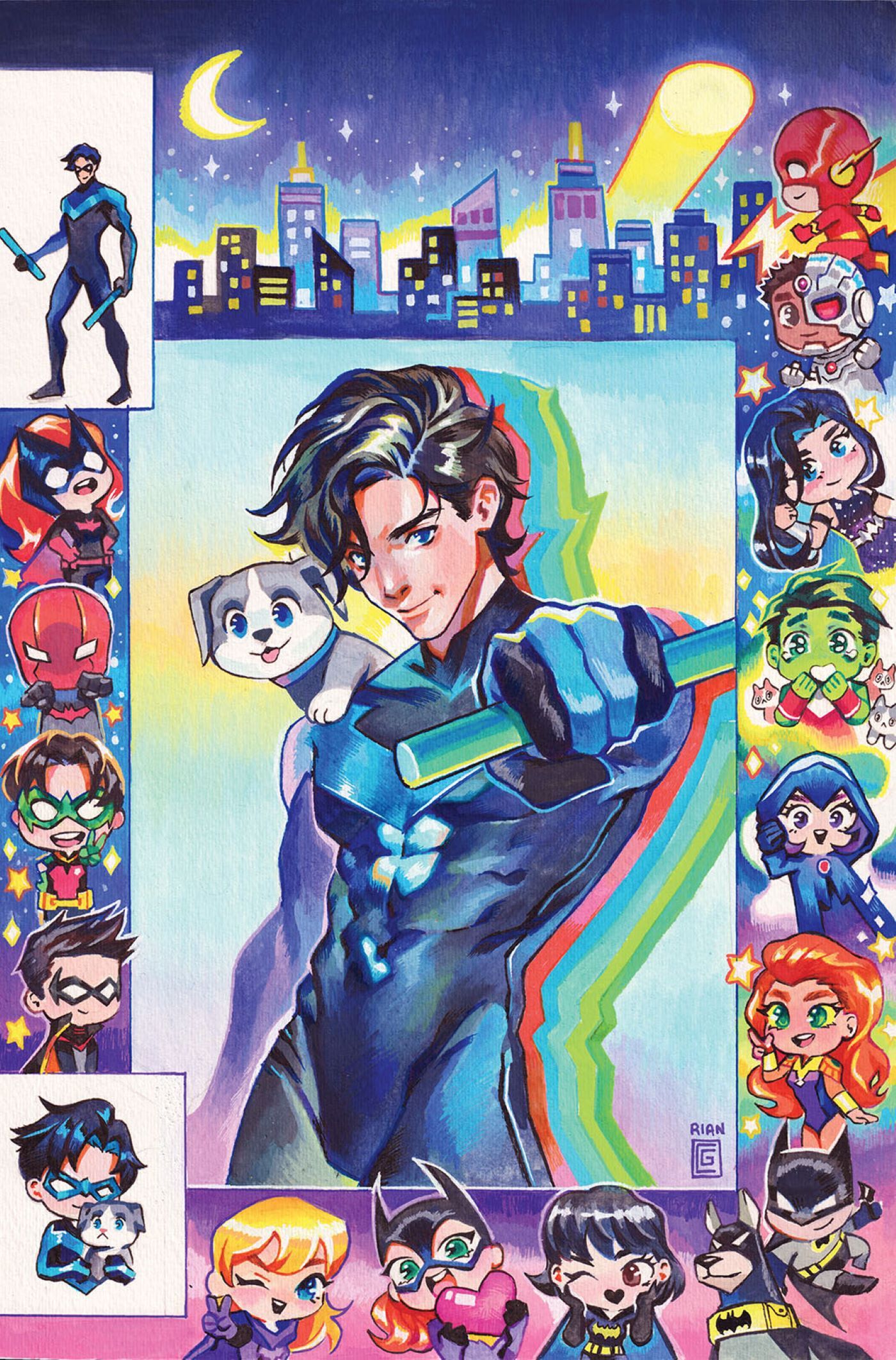 Nightwing 116 Open to Order (Gonzales) variant cover featuring chibi Bat-Family and Titans