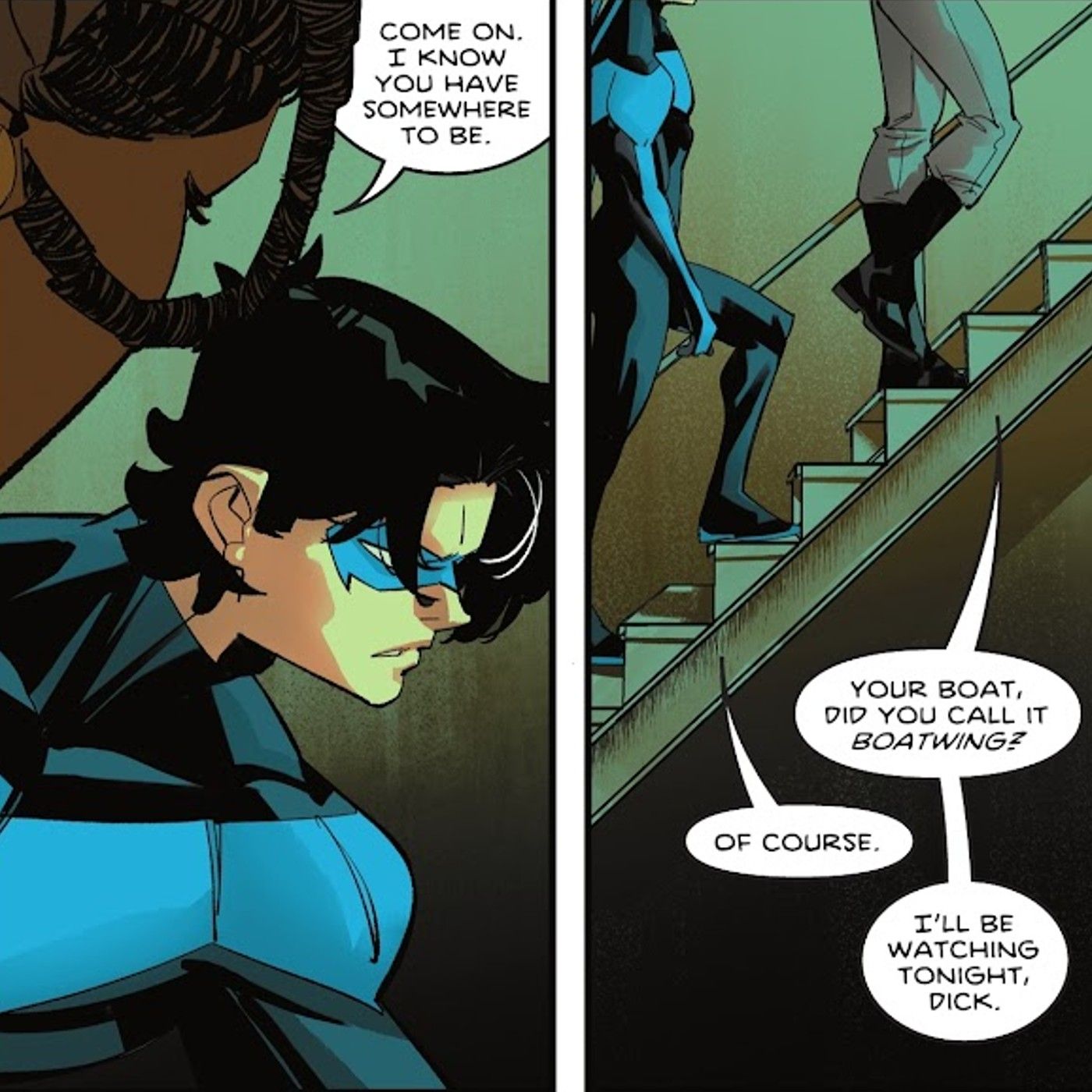 Painéis de quadrinhos: Capitão Blud pergunta a Nightwing se ele chamou seu barco de Boatwing enquanto eles sobem as escadas.