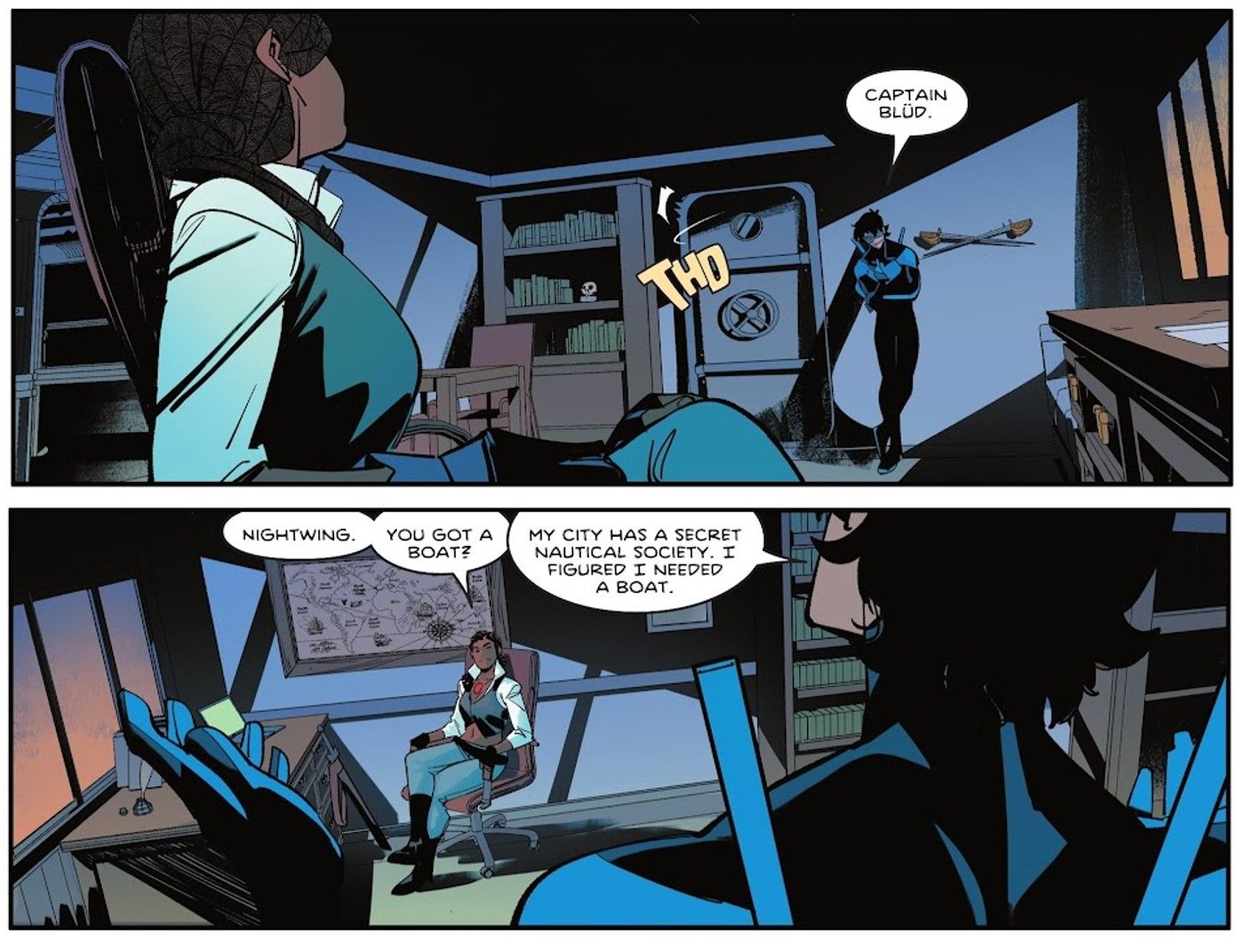 Painéis de quadrinhos: Nightwing encontra o Capitão Blud em seu escritório.