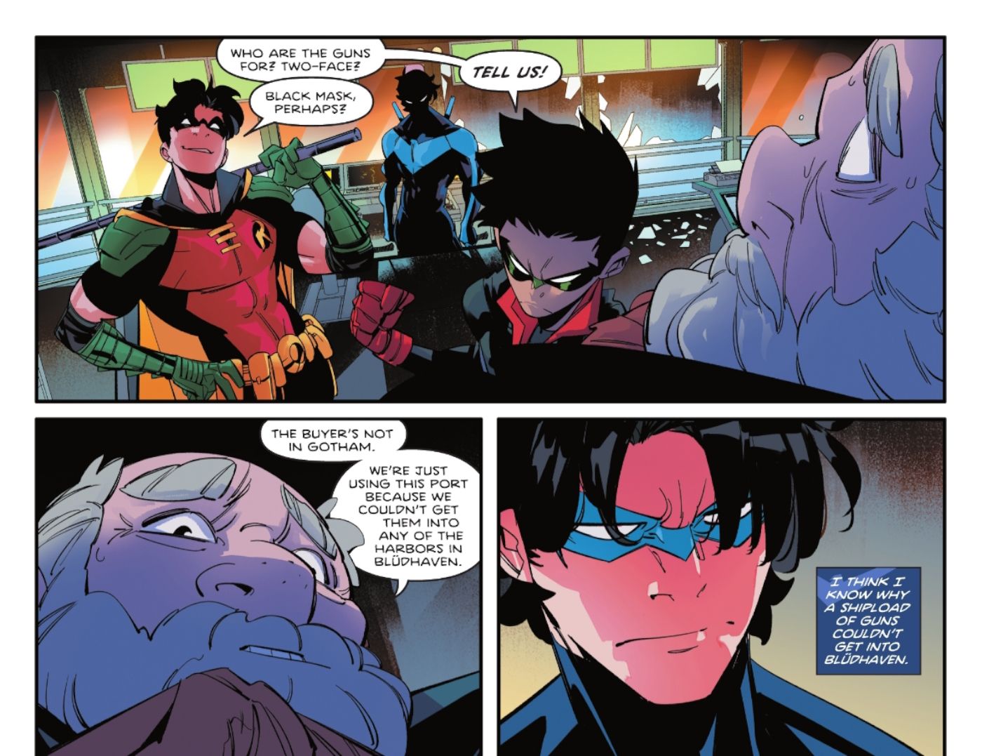 Comic book panels: two Robins interrogate a man with a grey beard as Nightwing watches.