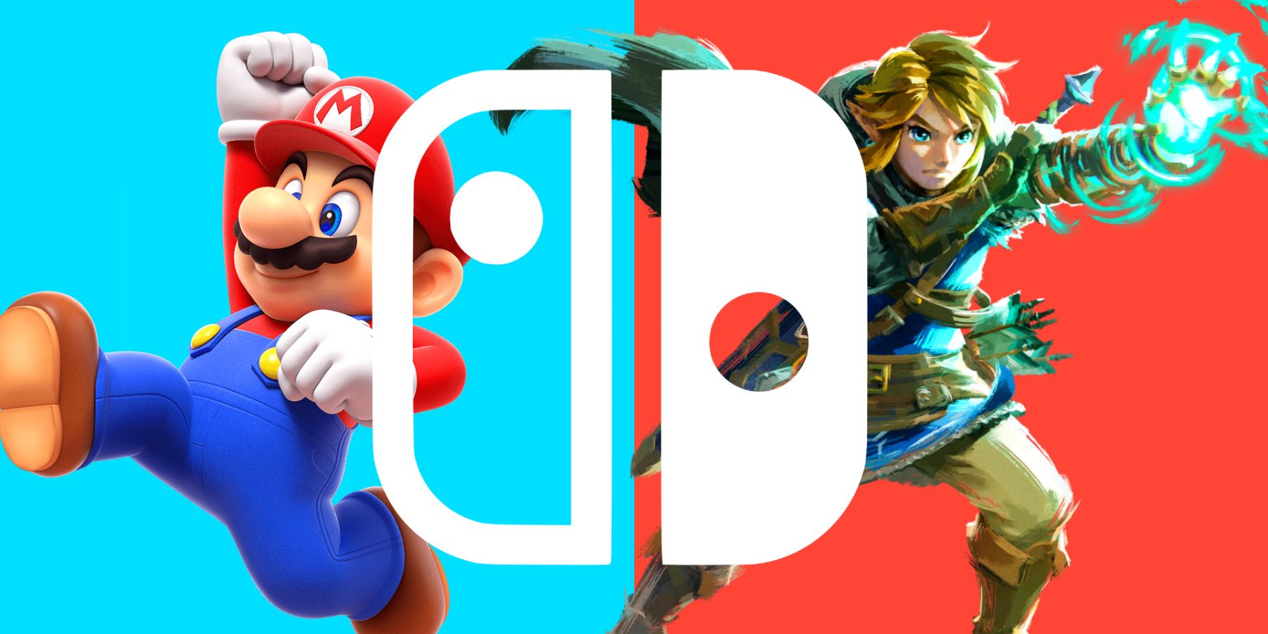 Mario de Super Mario Bros. Wonder e Link de Tears of the Kingdom atrás de um logotipo branco do Nintendo Switch em um fundo vermelho e ciano.