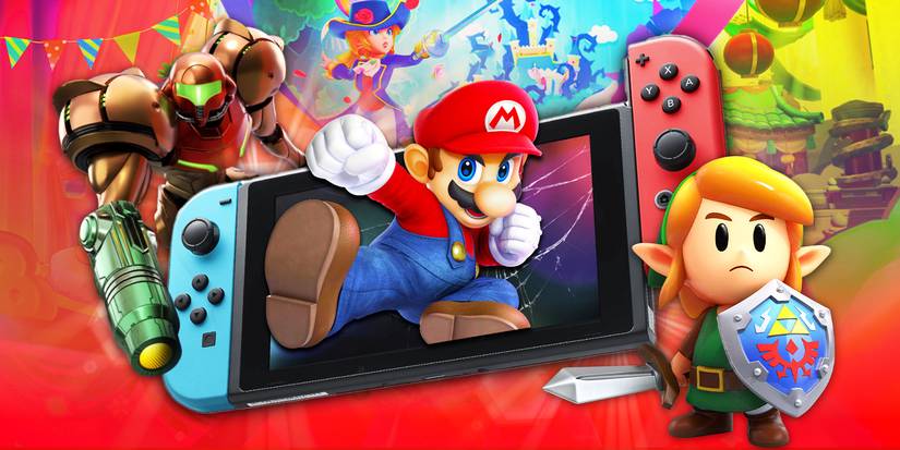 Nintendo Switch surrounded by Mario, Link, and Samus.