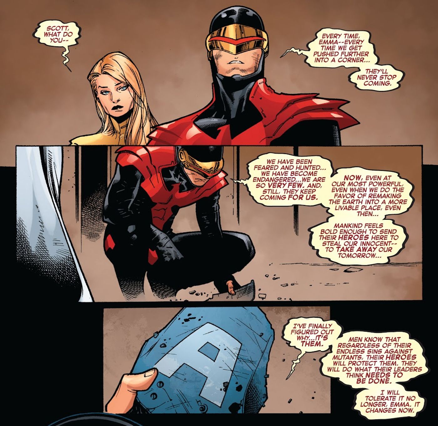 Cyclops tells Emma Frost that the Avengers are the problem in Avengers vs. X-Men. 