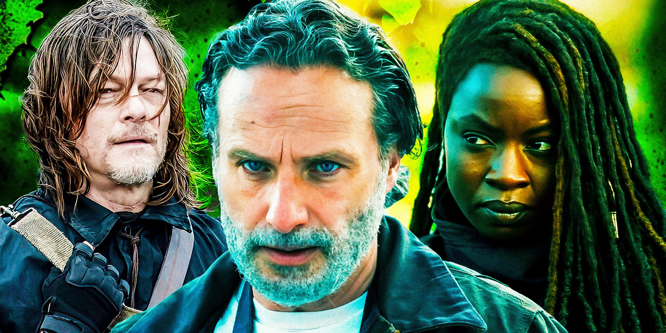 Norman Reedus as Daryl Dixon, Andrew Lincoln as Rick Grimes, and Danai Gurira as Michonne in The Walking Dead