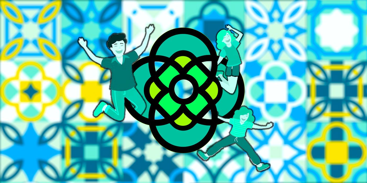 Logo permainan NYT Tiles dengan pola visual dikelilingi oleh pemain yang bahagia