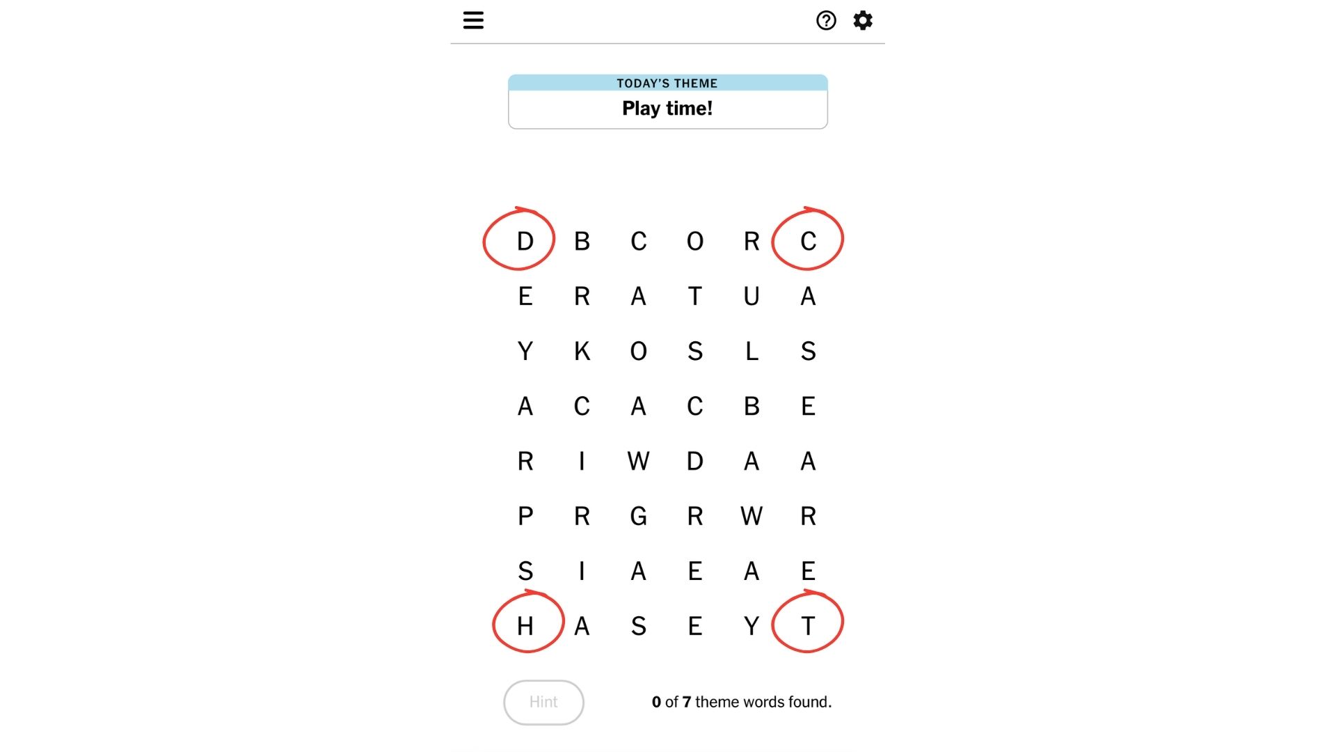 NYT Strands page on mobile showing a blank board that highlights the four corners