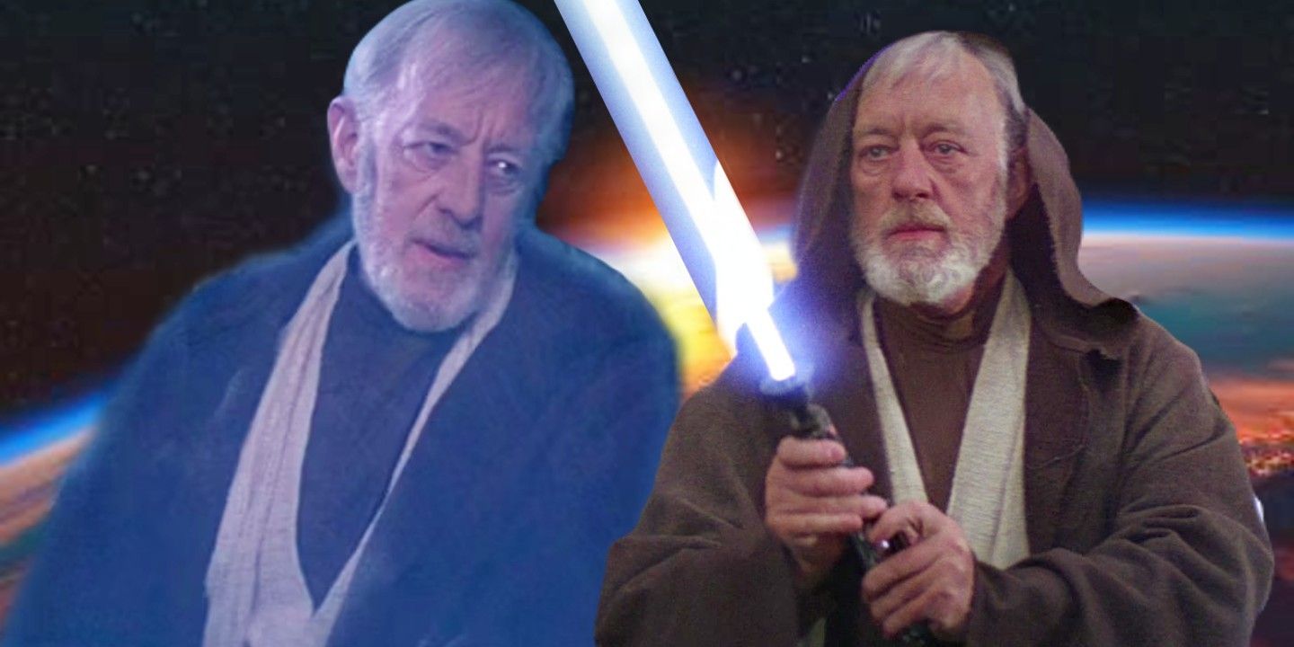 Obi-Wan Kenobi (Alec Guinness) as a Force ghost in Return of the Jedi and turning off his lightsaber in his duel with Darth Vader in A New Hope set against a sunrise on an alien planet