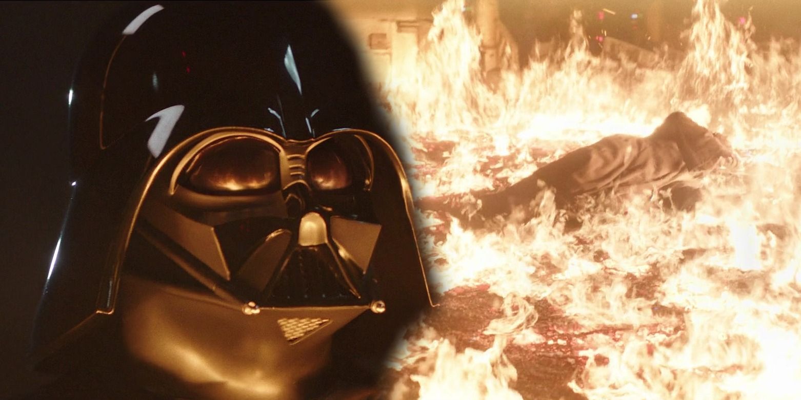 Obi-Wan burning to the right while Darth Vader looks on the left from the Obi-Wan Kenobi show