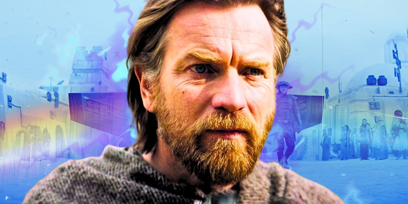 Obi-Wan Kenobi do programa de TV Obi-Wan Kenobi parece sério diante de uma imagem transparente de Tatooine