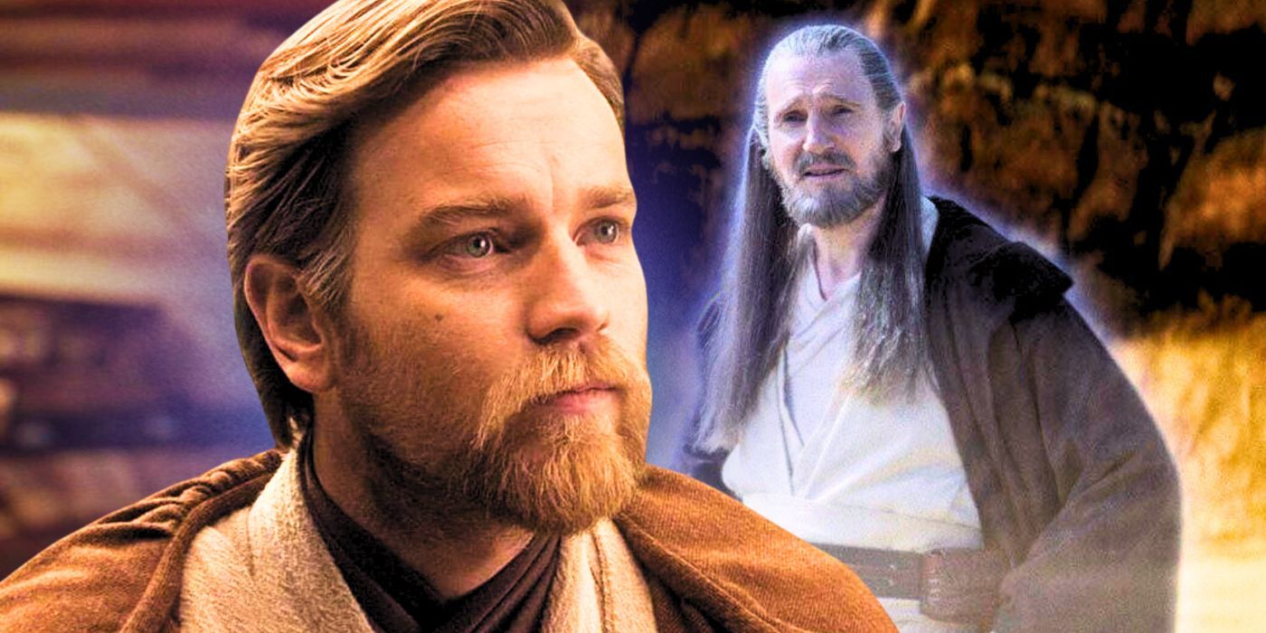 Ewan McGregor as Obi-Wan Kenobi in Revenge of the Sith to the left and Liam Neeson as a Force Ghost of Qui-Gon Jinn in the Obi-Wan Kenobi show to the right in a combined image