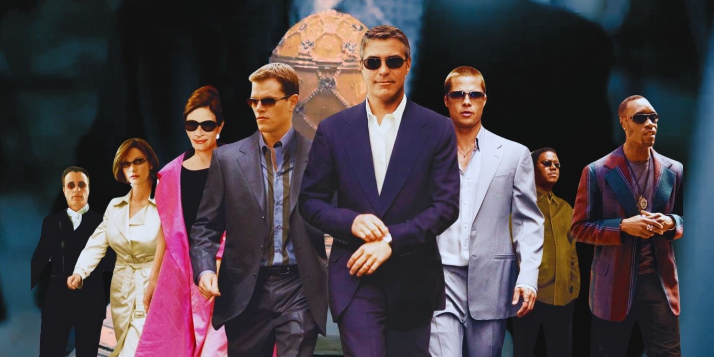 Cast members of Ocean's Twelve walking over an image of the Imperial Coronation Egg stolen in the movie