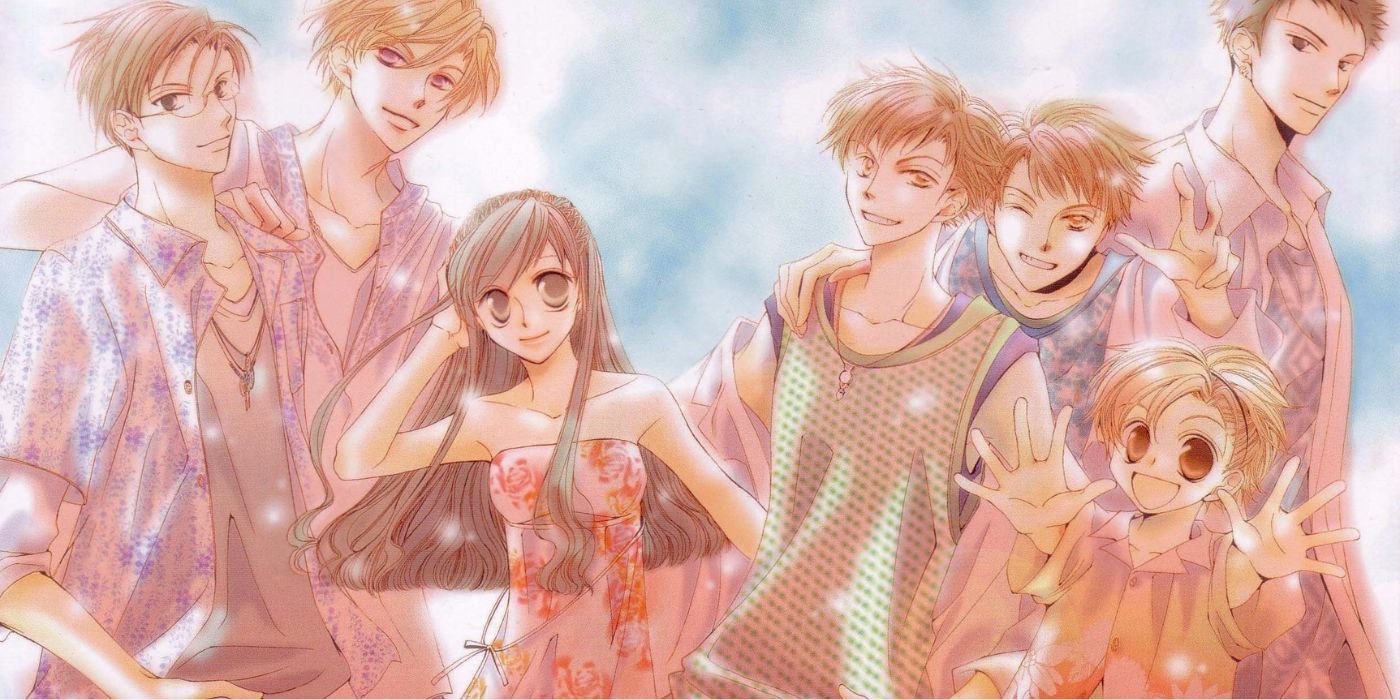 Arte oficial do mangá do Ouran High School Host Club do elenco principal vestindo roupas de verão, retratando Haruhi com cabelos mais longos e femininos com o braço em volta de Hikaru