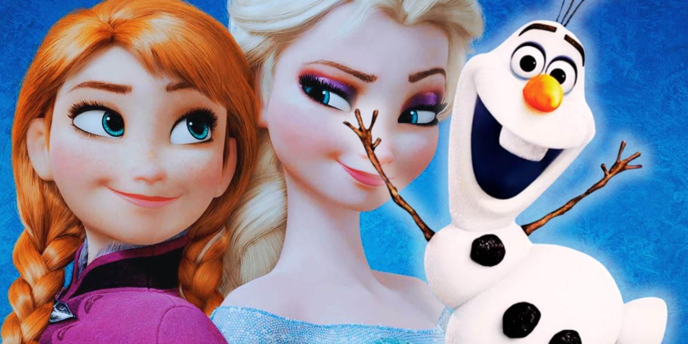 A composite image features Frozen's Anna and Elsa in the background with Olaf dancing in the foreground