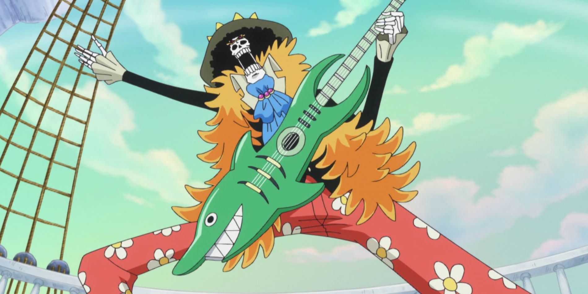 Screenshot from One Piece Anime shows Brook post Time Skip playing a Guitar.