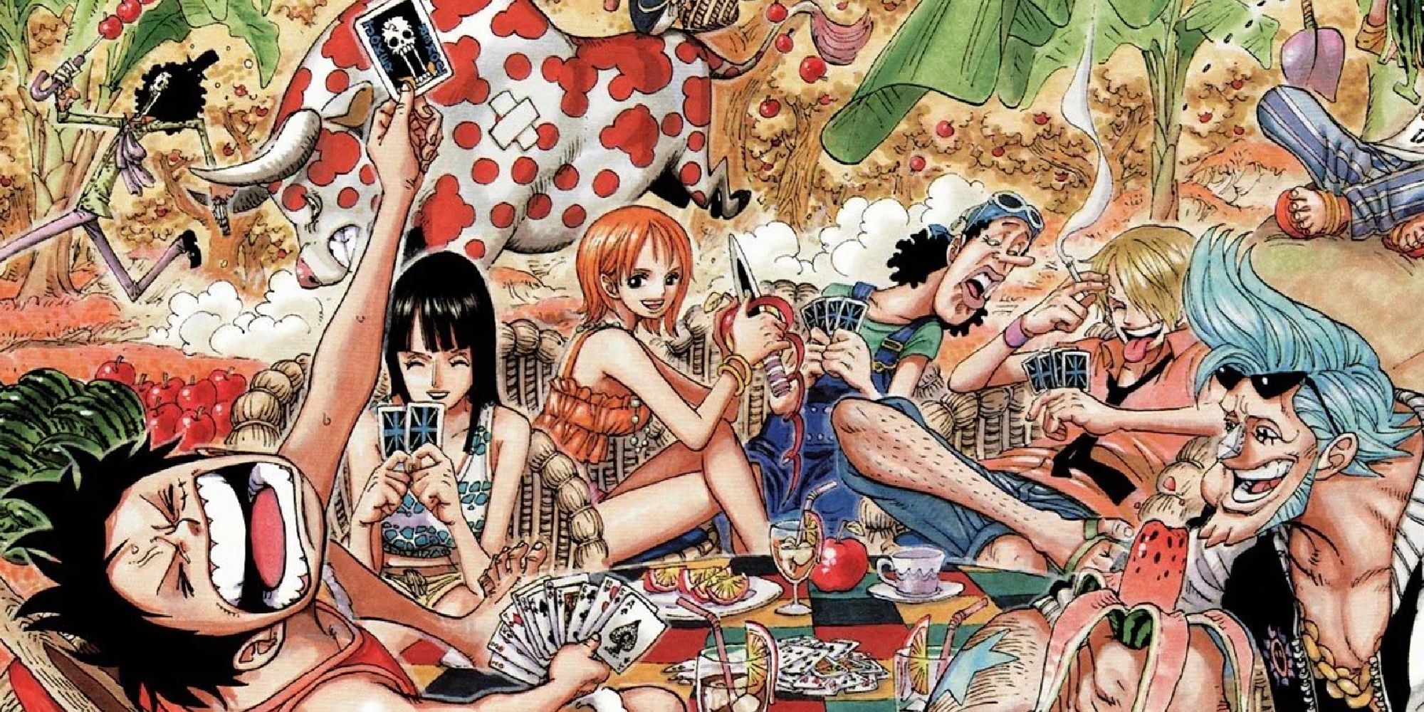 one piece chapter 520 color spread featuring the straw hats playing cards