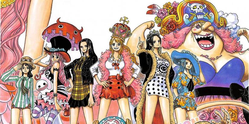One Piece color spread featuring prominent female characters including Big Mom, Vivi, Boa Hancock, Nami, Robin, Perona from right to left