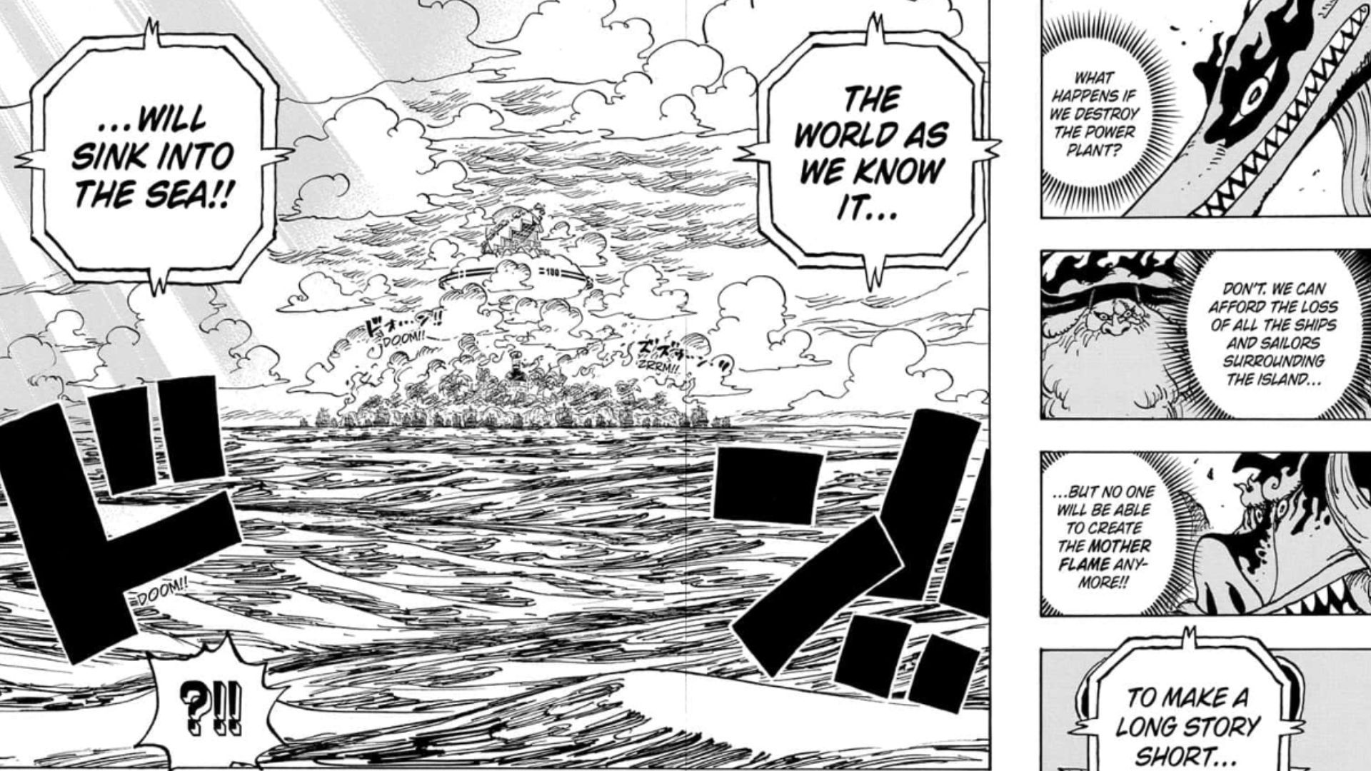 Screenshot of the double page from One Piece Chapter 1113 featuring Vegapunk's statement about the world sinking into ocean