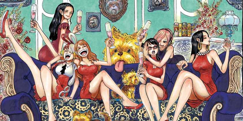 One Piece's female character in a colo spread featuring Nami, Robin, Boa Hancock, Tashigi annd Reiju all wearing red gathered around a purple couch