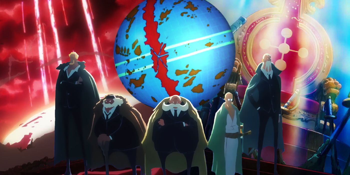 Os cinco anciões de One Piece em pé ao redor do mundo de One Piece com o trono vazio ao fundo à direita e a ilha de Lulusia sendo destruída à esquerda
