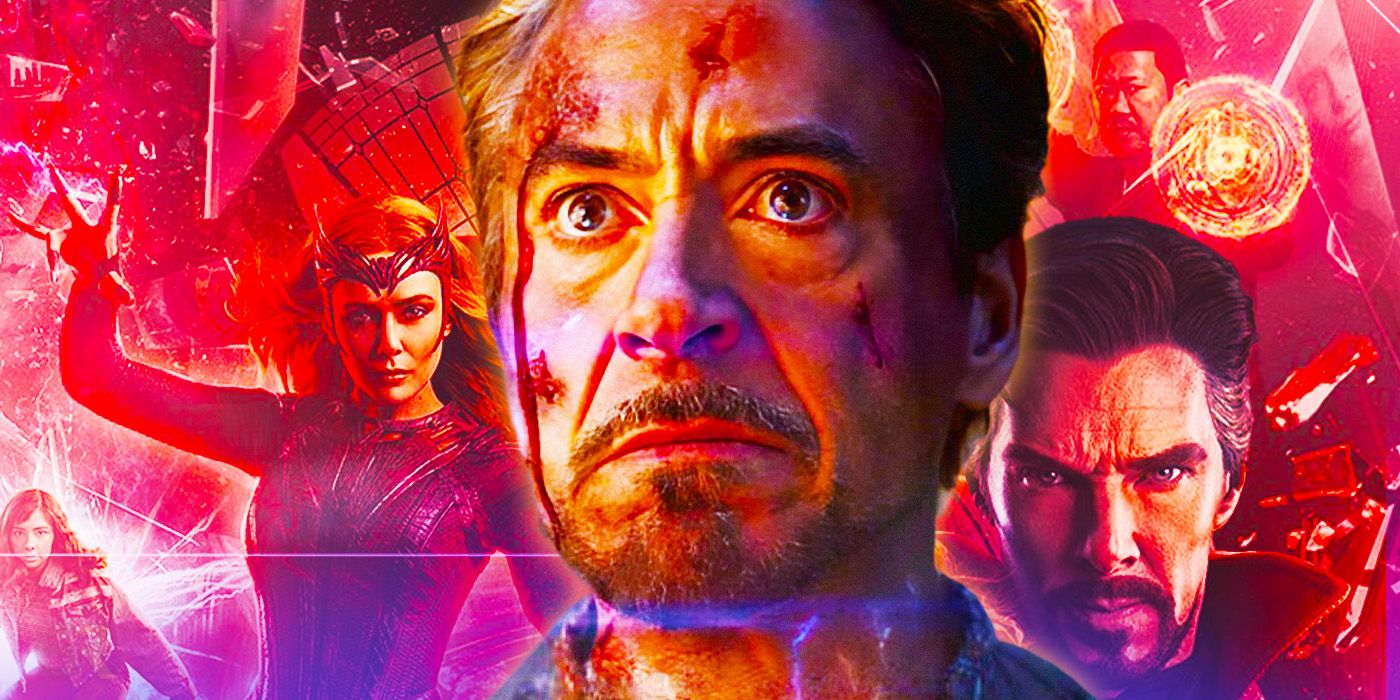 Robert Downey Jr as Iron Man over images from Doctor Strange in the Multiverse of Madness