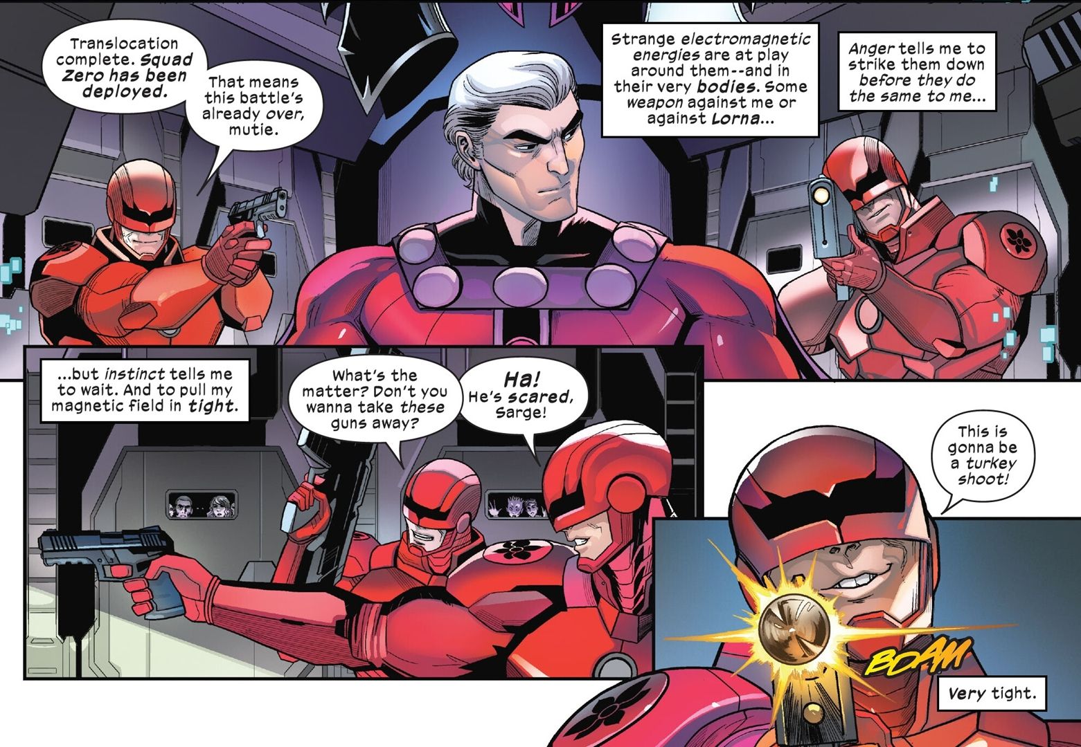 Magneto fica entre vários soldados Orchis enquanto um dispara uma bala em sua direção. 