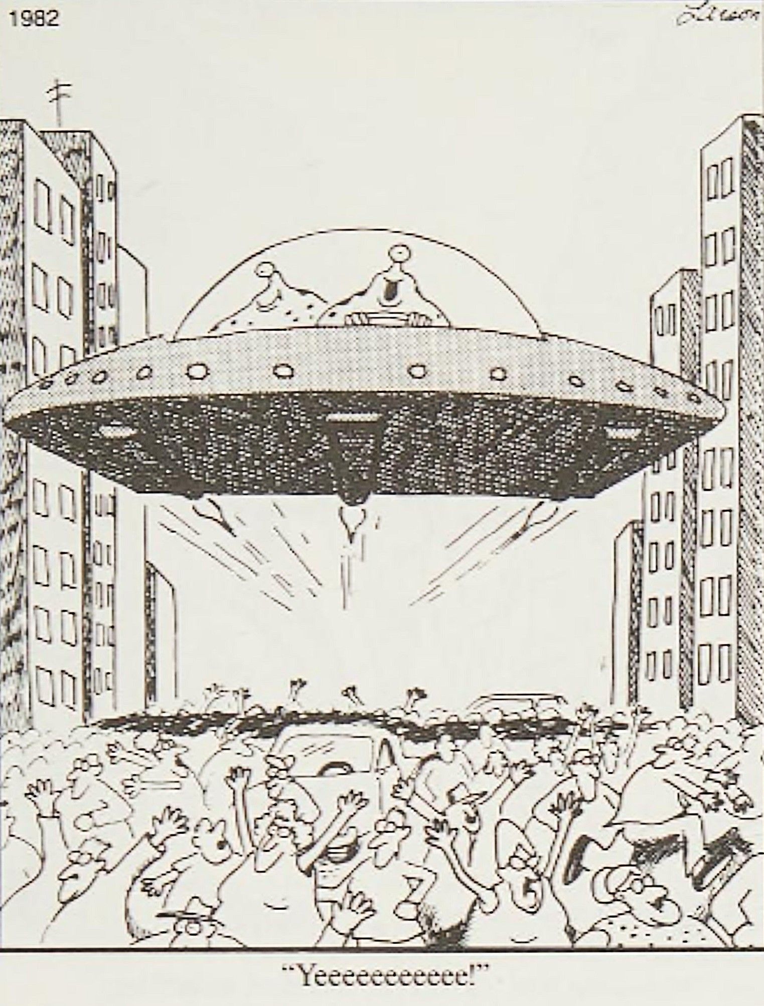 Original misprinted version of Far Side comic featuring alien spaceship zooming over top of fleeing humans