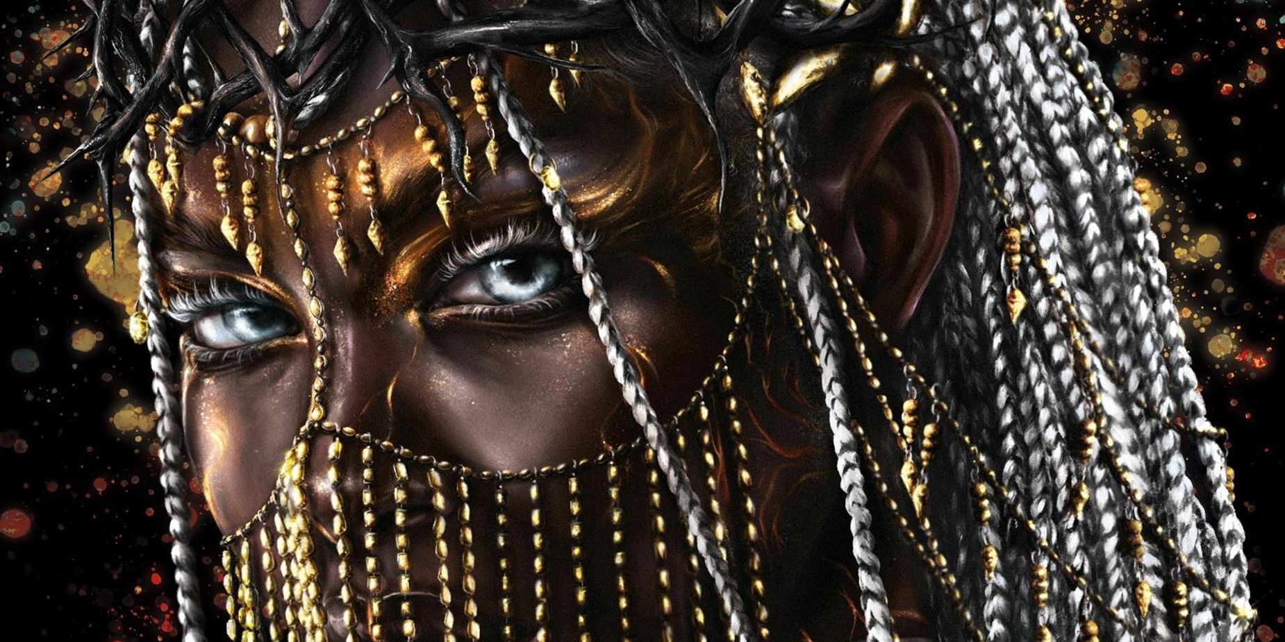 A Black woman with bright blue eyes and gold jewelry covering her fact on the cover of Children of Anguish and Anarchy