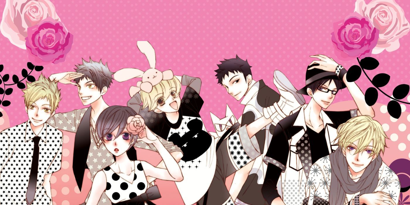 Arte da capa do conjunto de mangá Ouran High School Host Club - Elenco completo posando juntos contra um fundo rosa.