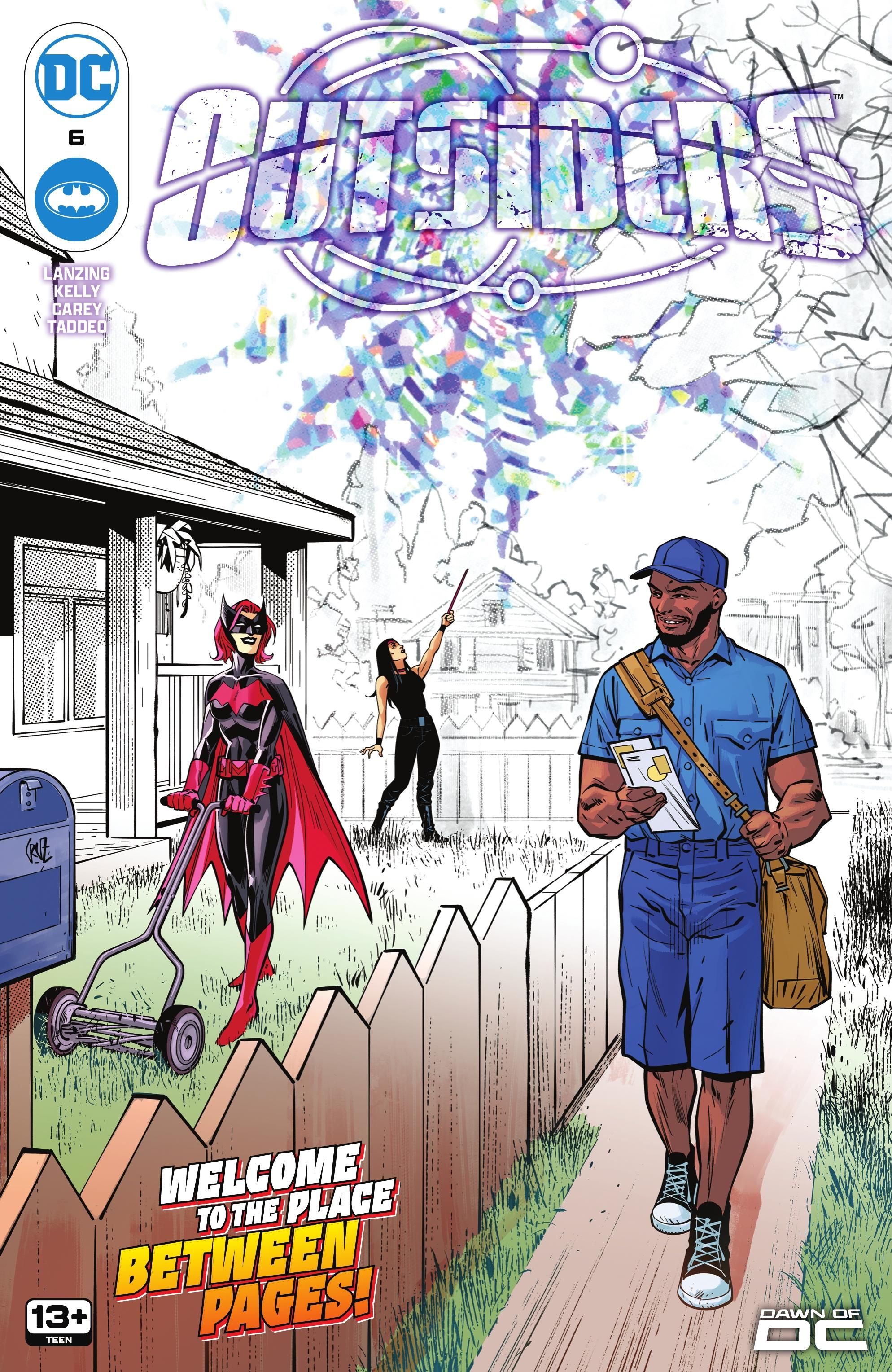 Outsiders #6 cover, Batwoman, Luke Fox, and Drummer in a suburban front yard.