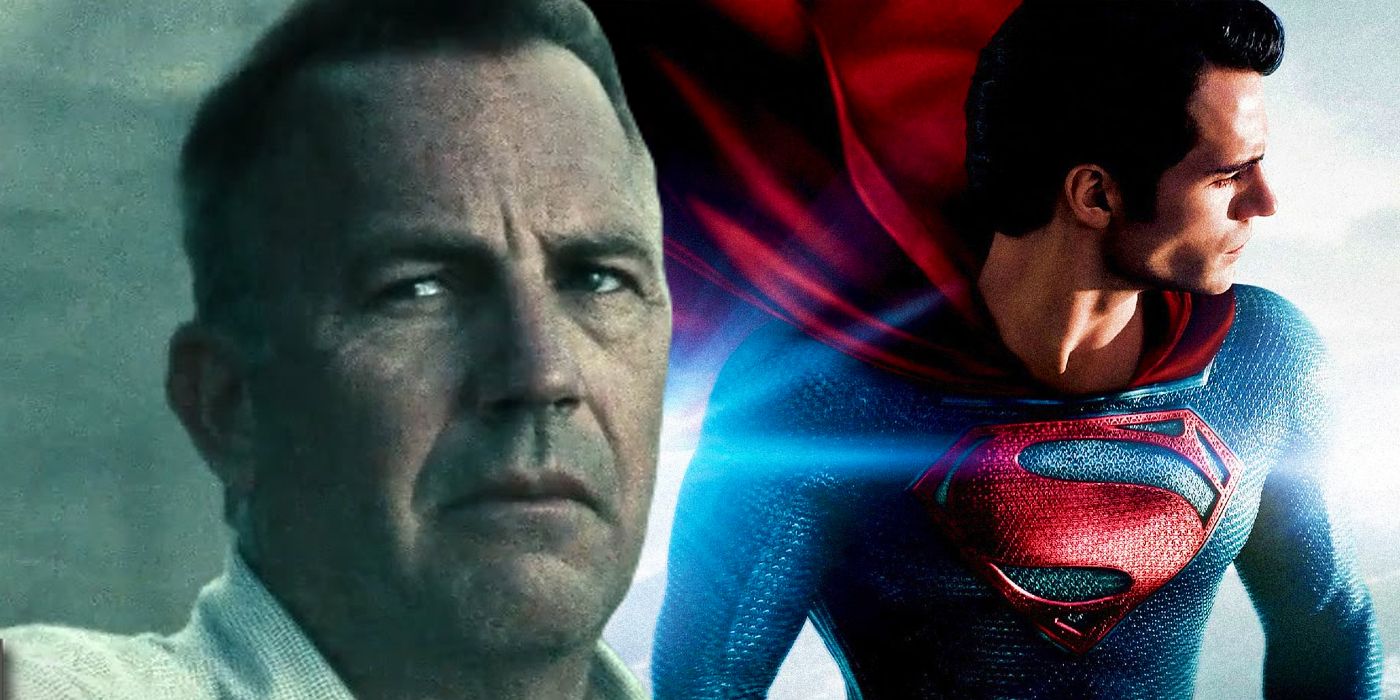 Kevin Costner holding up his hand as Pa Kent next to the poster for Man of Steel (2013)