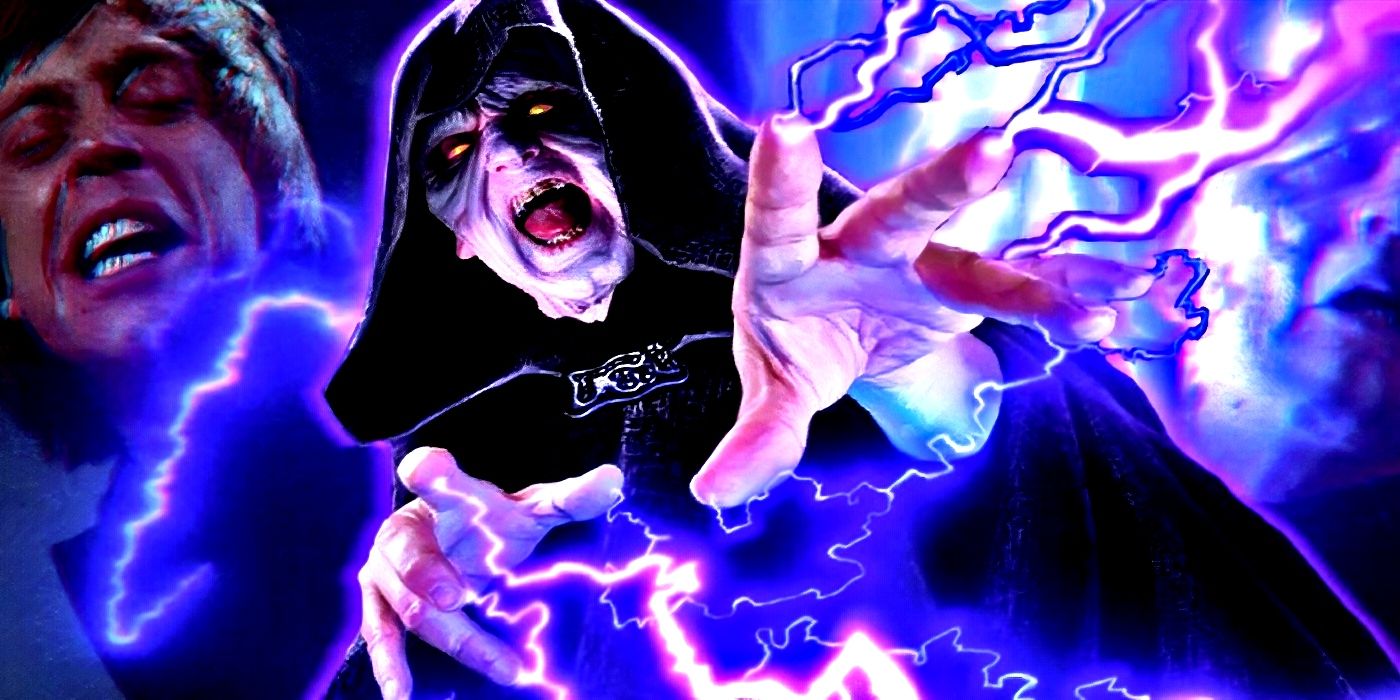 Palpatine shooting Force lightning at Luke Skywalker.