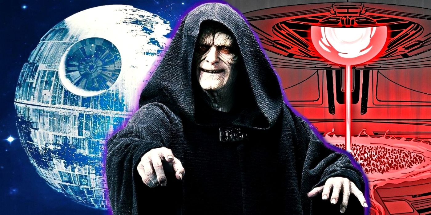 Star Wars' Palpatine with the Death Star and Final Occultation behind him.