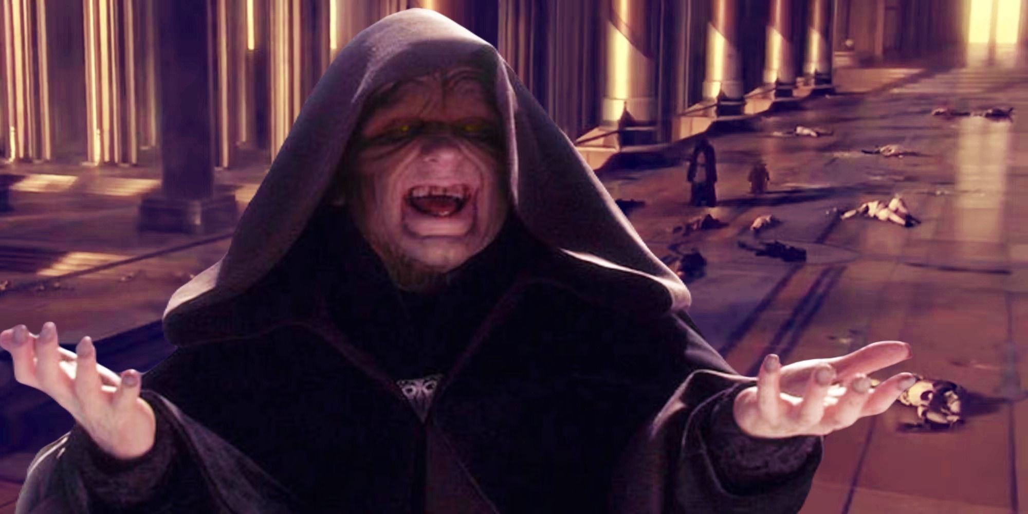 Palpatine cackling from Revenge of the Sith in the foreground with bodies lying in the Temple after Order 66 in the background
