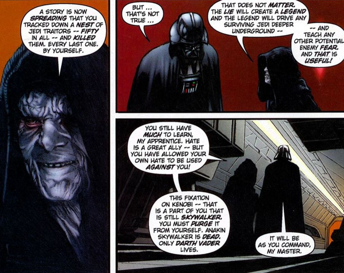 Palpatine dizendo a Darth Vader que sua vitória sobre um grupo de Jedi está sendo extremamente exagerada.