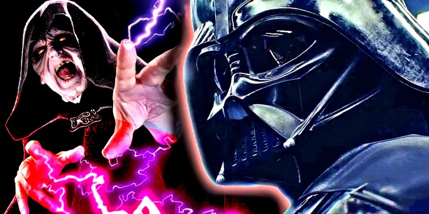 Palpatine behind Darth Vader, shooting him with Force lightning.