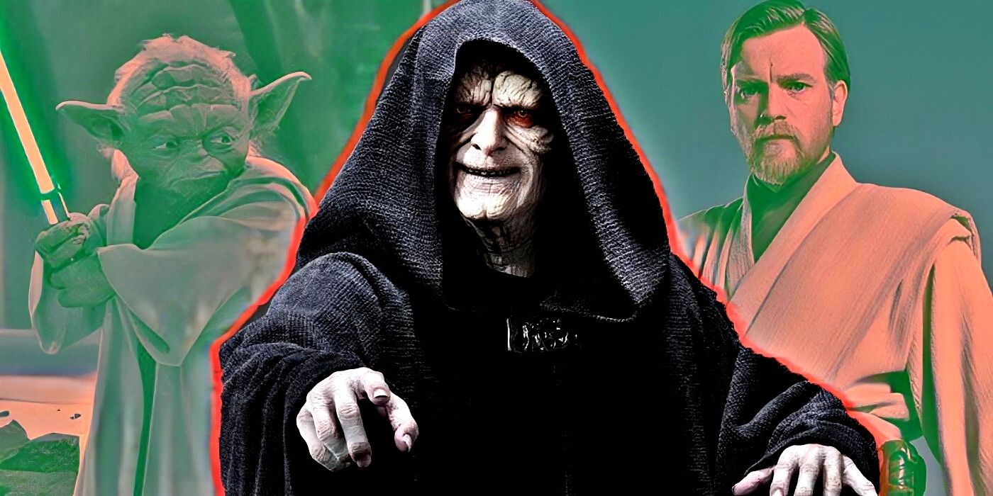 Emperor Palpatine with Yoda and Obi-Wan Kenobi behind him.