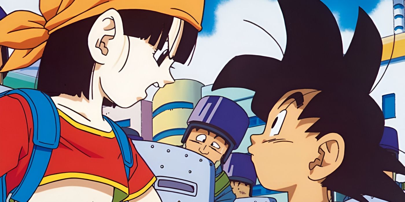 Pan meets the child version of her grandfather Goku and tells him to stay out of a fight with bank robbers in Dragon Ball GT.