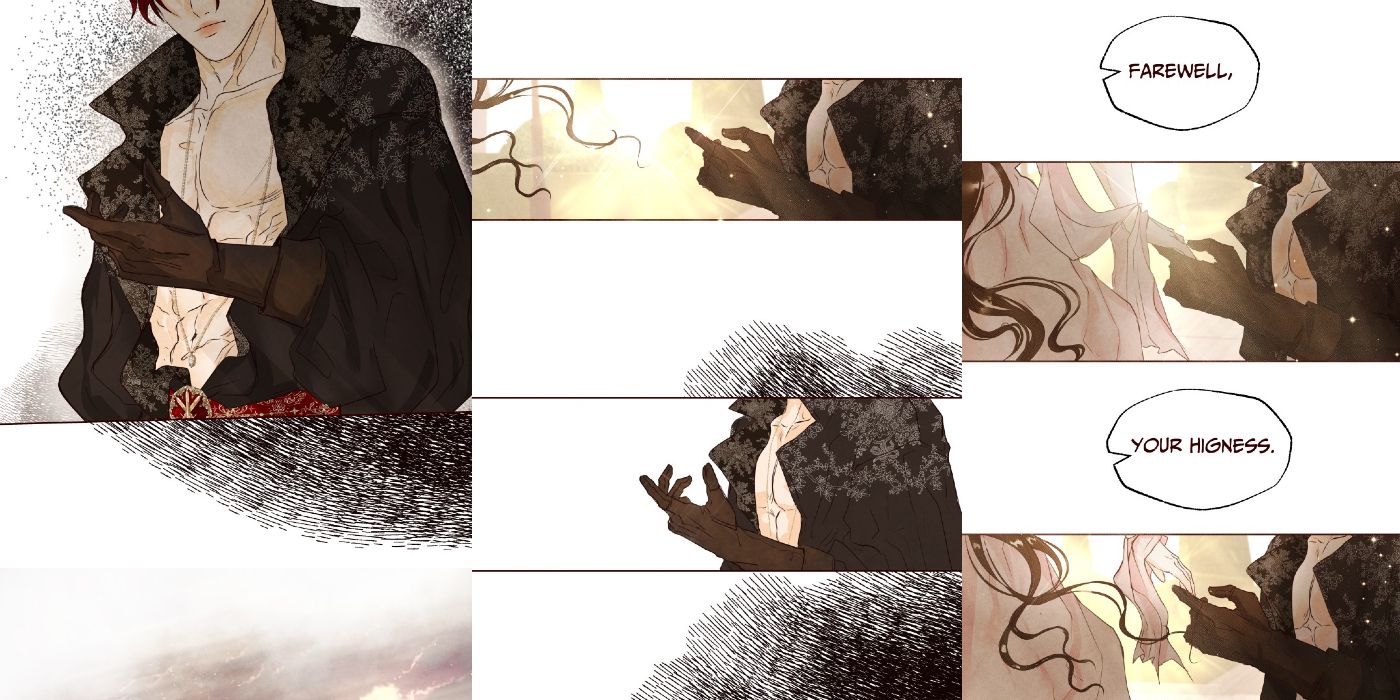 Panels from I am the villain showing lucia's hand gradually letting go of leonardo's as the sun shines in the background